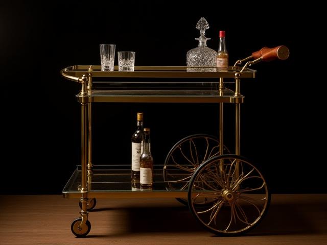 Carrello bar elegante in ottone e vetro, con rotelle e manico in pelle, che ricorda strumenti nautici.