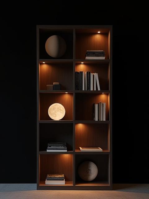 Libreria modulare in legno scuro, con sezioni che richiamano le fasi lunari e l'alternarsi di luce e ombra.