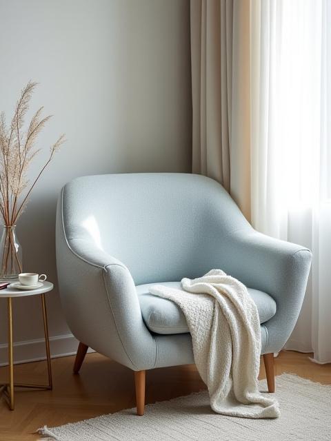 Poltrona lounge confortevole con rivestimento in tessuto bouclé chiaro, che imita la leggerezza delle nuvole.